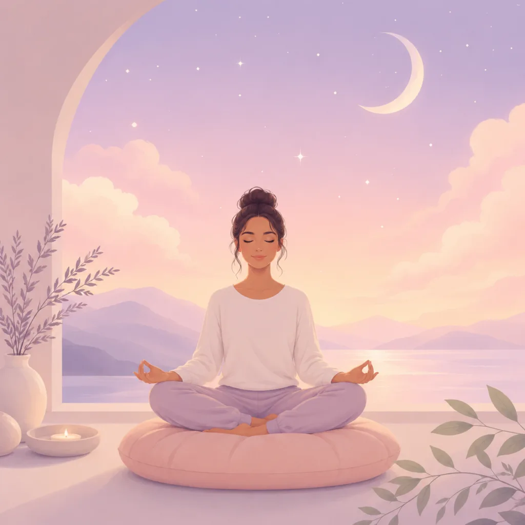 A person meditating peacefully at dusk